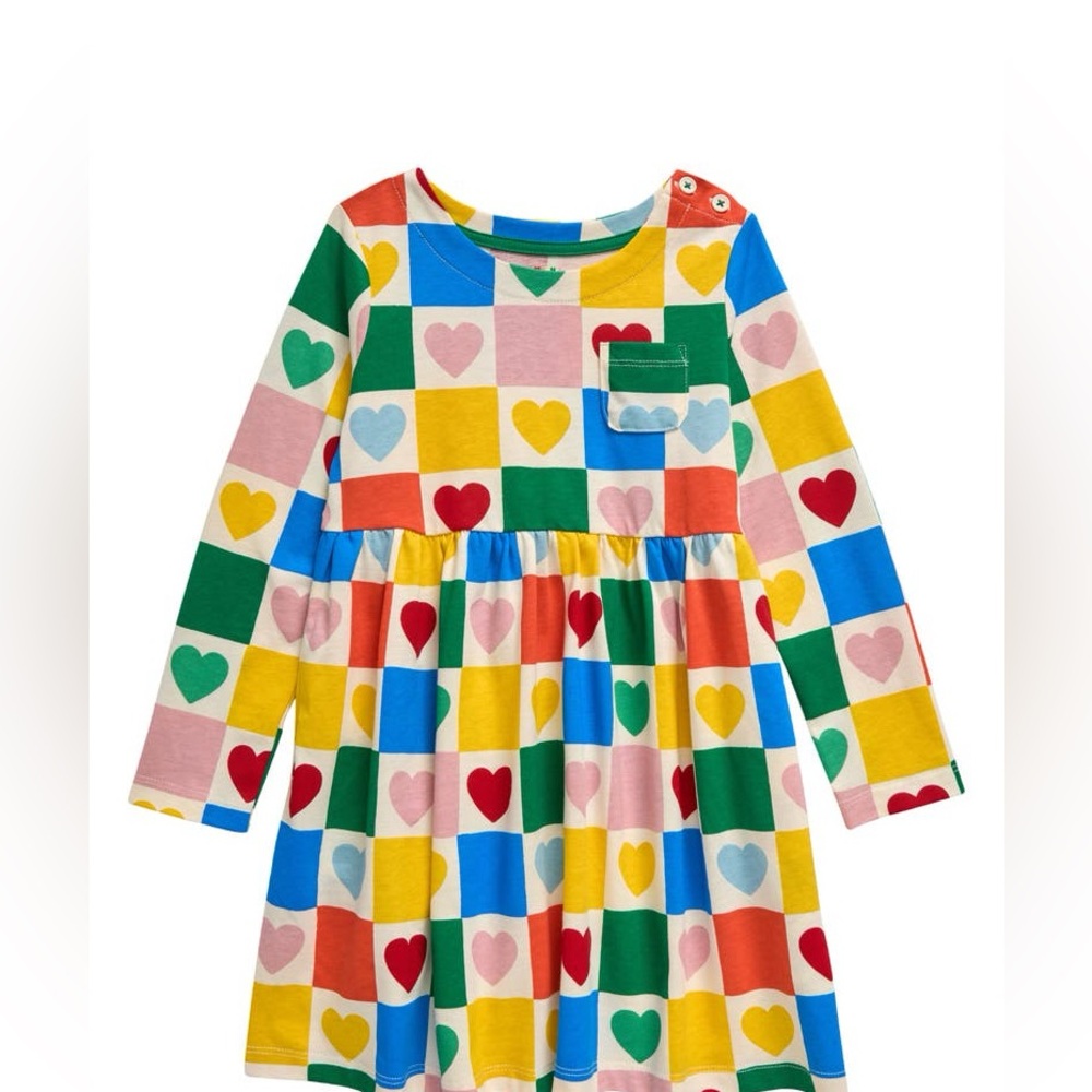 Mini Boden NWOT Kids' Fun Long Sleeve Jersey Dress Sz 11-12 Colorful Hearts - Picture 1 of 6